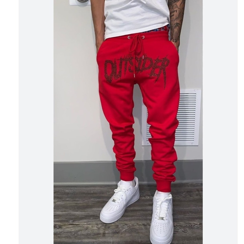 Life of Outsider Pants Drop Crotch Harem Sweatpants Joggers Bling Rhinestone RED